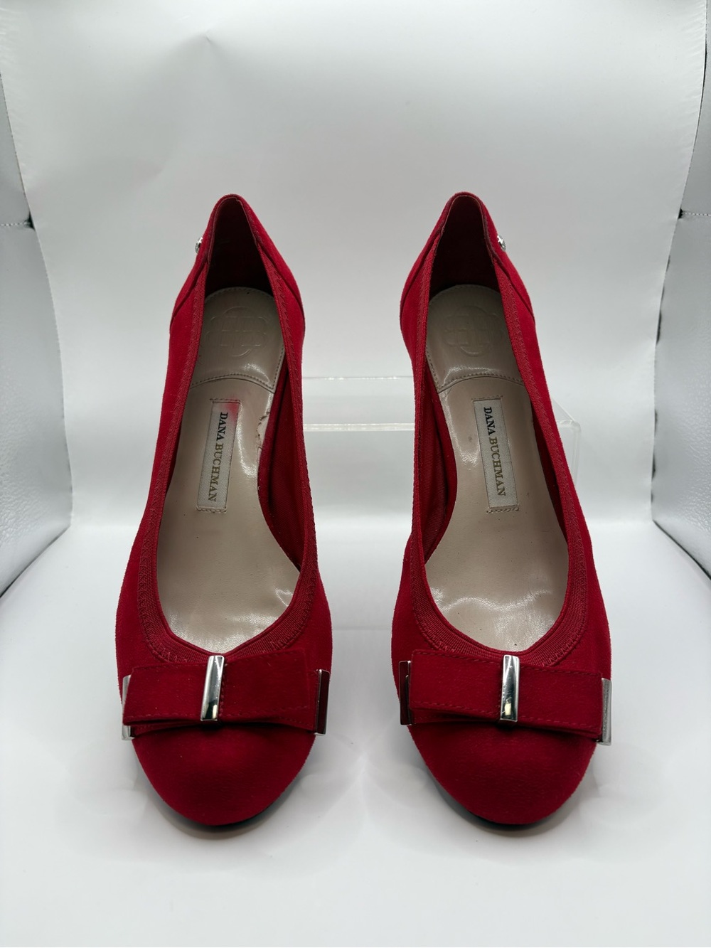 Joanna Buchanan Red Bow Peep-Toe Heels with Silver Accent